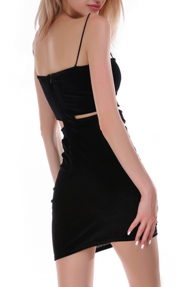 Womens Sexy Plain Black Hollow Out Waist Mini Fitted Strap Dress for Night Club