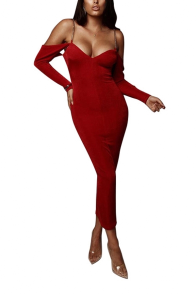 Womens Sexy V-Neck Plain Long Sleeve Open Back Midi Fitted Chain Strap Dress