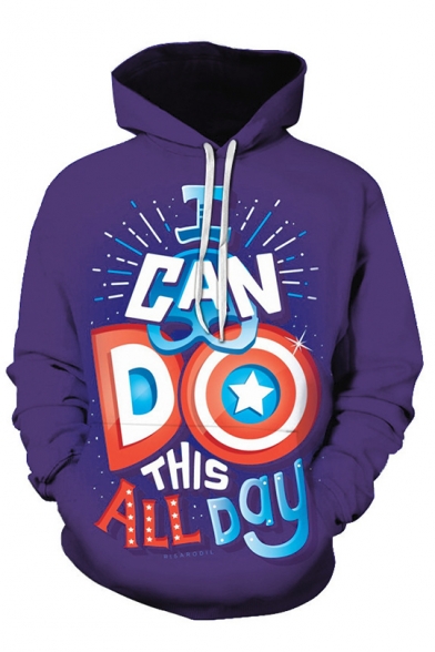 3D THIS ALL DAY Letter Print Long Sleeve Royal Blue Hoodie