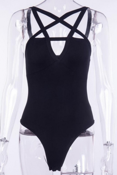 Cool Black Sleeveless Deep V-Neck Strappy Cut-Out Detail Skinny Bodysuit for Women