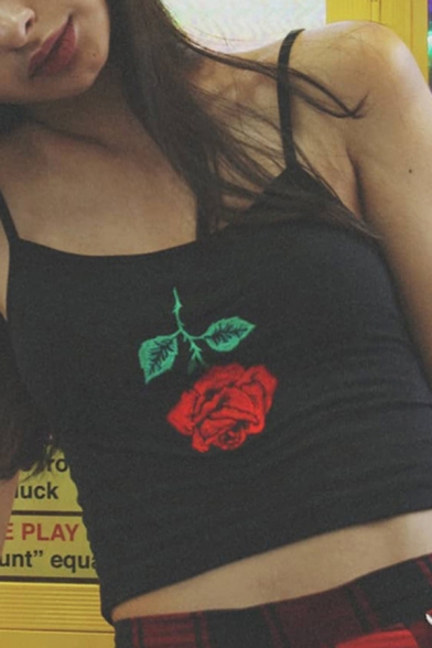 Cool Street Sleeveless Rose Print Slim Fit Black Crop Cami for Female