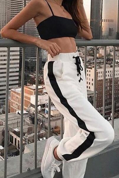 

Edgy Girls' Lace Up Waist Contrasted Pipe Cuffed Long Relaxed Tapered Sweatpants in White, LM573315