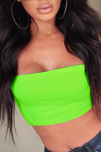 Edgy Girls Plain Sleeveless Strapless Neon Color Soft Crop Tube Top