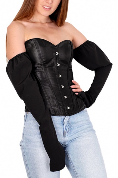 Edgy Girls' Puff Sleeve Off The Shoulder Button Down Lace Up Back Slim Fit Plain Corset for Party