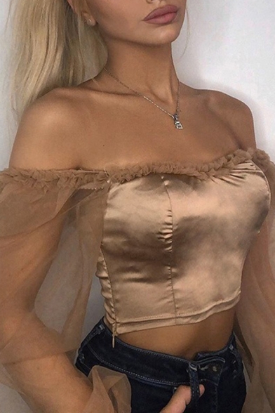 Edgy Girls Puff Sleeved Ruffled Detail Transparent Crop Bardot Blouse in Brown