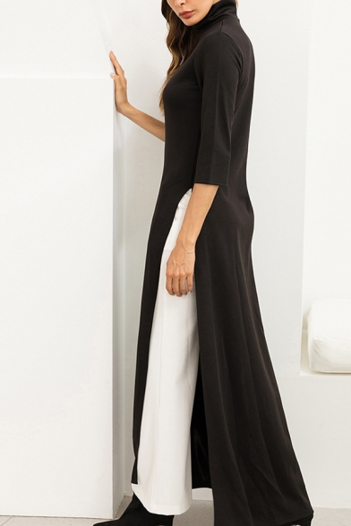 Elegant Trendy Ladies' Three-Quarter Sleeve High Neck High Slit Side Maxi Column Dress in Black