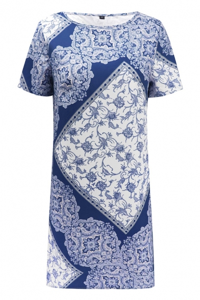 Ethnic Ladies' Short Sleeve Round Neck Floral Printed Short A-Line T Shirt Dress