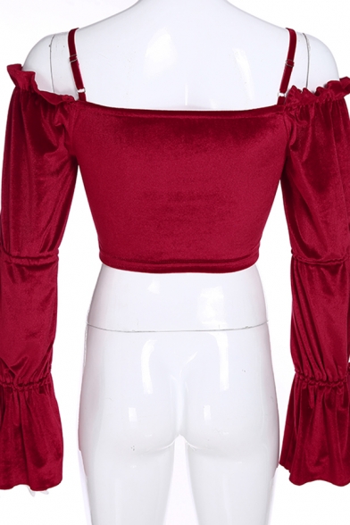 Fancy Cute Bell Sleeve Cold Shoulder Ruffled Trim Drawstring Slim Velvet Red Crop Top for Women