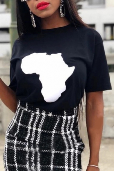 Fancy Map Of Africa Printed Short Sleeve Round Neck Regular Simple T-Shirt