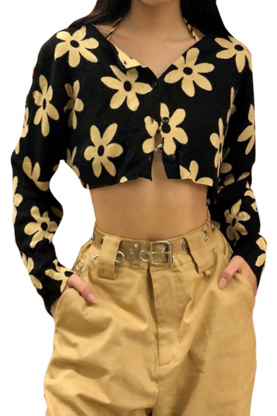 Flared Cool Women's Long Sleeve V-Neck Floral Print Button Down Crop Top in Black