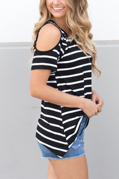 Girls Chic Black Stripes Print V Neck Cold Shoulder Short Sleeve Loose Fit Leisure T-Shirt