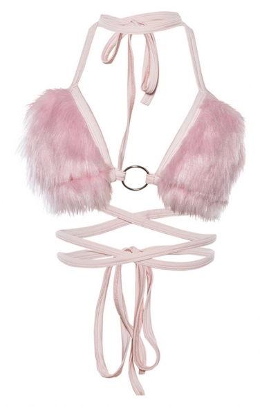 Girls' Pink Cute Sleeveless Halter Strappy Ring-Embellished Plush Bikini Top