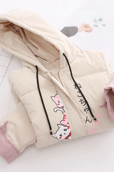 Girls Winter Popular Japanese Letter Cat Print Khaki Loose Puffer Coat with Pocket