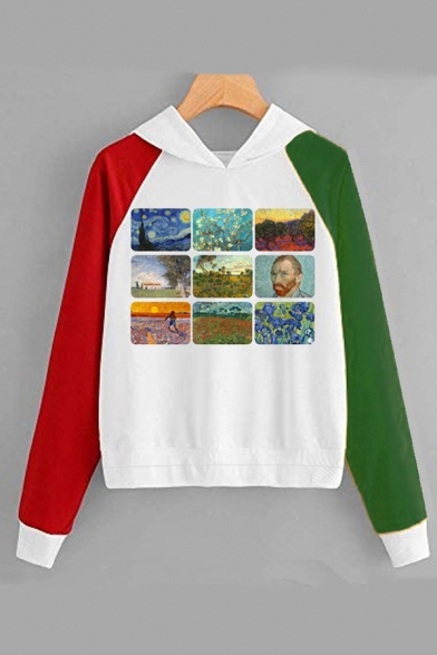 Oil Paint Collage Pattern Colorblocked Long Sleeve Leisure Pullover Hoodie