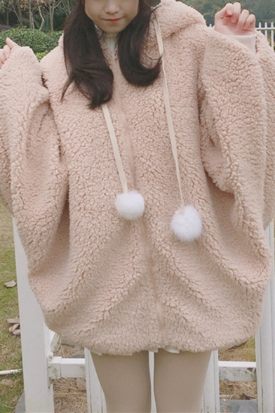 Khaki Cute Rabbit Ear Long Sleeve Zip Up Oversized Fluffy Pompom Drawstring Hoodie