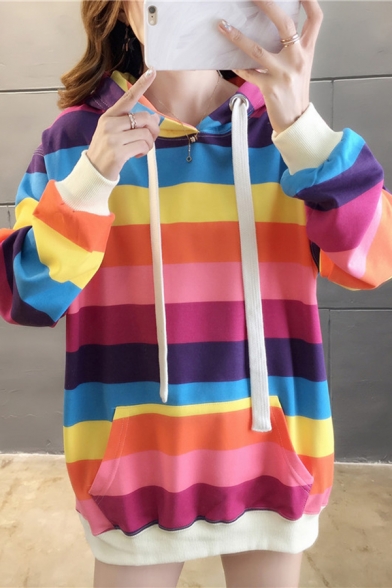 Korean Style Classic Rainbow Stripes Printed Long Sleeve Loose Tunic Drawstring Hoodie