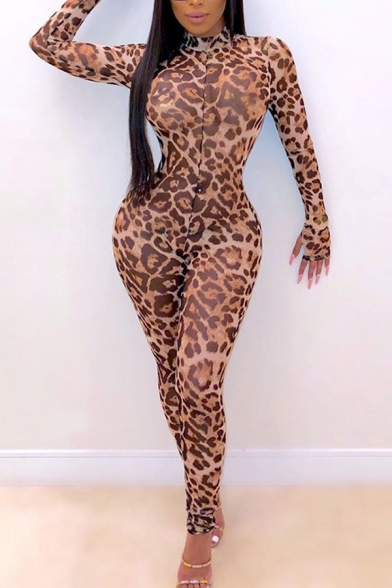Ladies' Brown Long Sleeve Mock Neck Leopard Printed Zip Back Semi-Sheer Ankle Skinny Jumpsuit