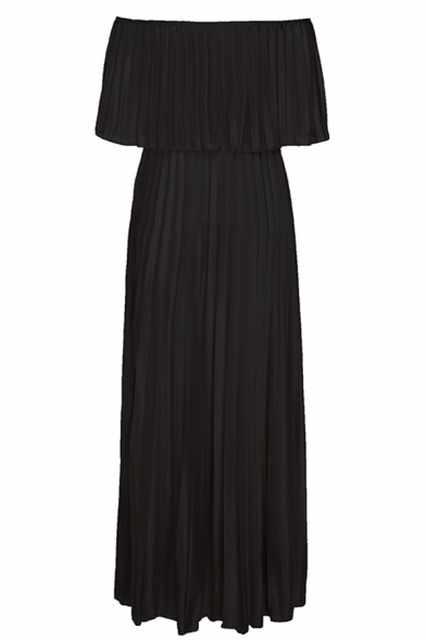 Ladies' Elegant Plain Short Sleeve Off The Shoulder Ruffled Maxi Long Prom Pleated Dress