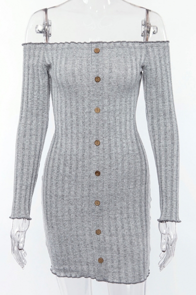 Ladies Stylish Plain Lettuce-Edge Off Shoulder Long Sleeve Button Down Slim Fit Mini Bodycon Dress