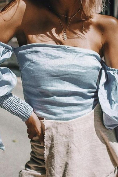 Ladies Unique Bow Embellished Puff Long Sleeve Off Shoulder Slim Fit Summer Blouse Top