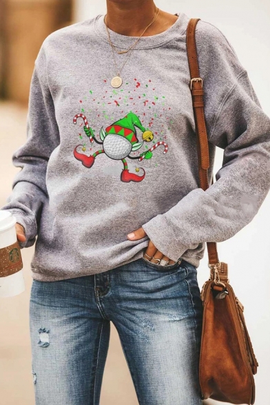 Lovely Christmas Cartoon Clown Printed Long Sleeve Crew Neck Casual Gray Sweatshirt