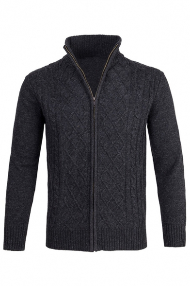 ROUM Mens Knitted Cardigan Sweater Chunky Knit Jacket Full Zip Front Stand Collar Long Sleeve Knitwear Classic Vintage Jacket Sweater Casual Slim Warm Winter Coat Cable Wool Cardigan