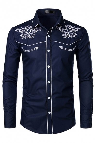 Mens Chic Arrow Pentagram Embroidery Print Contrast Stitching Button Front Vintage Jean Shirt
