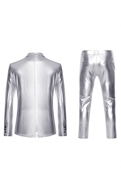 Mens Cool Plain Metallic Double Button Long Sleeve Party Blazer & Pants Set