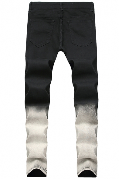 Mens Creative Ombre Color Zipper Fly Straight Jeans Black Denim Trousers