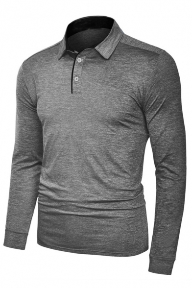 Mens Outdoor Sport Plain Long Sleeve Quick-Dry Slim Fitted Basic Polo Shirt