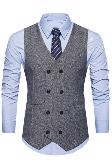 Mens Plain Herringbone Printed Sleeveless Double Breasted Slim Fitted Suit Waistcoat