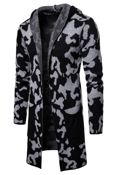 Mens Popular Camo Printed Long Sleeve Open Front Longline Hooded Cardigan Knitted Coat