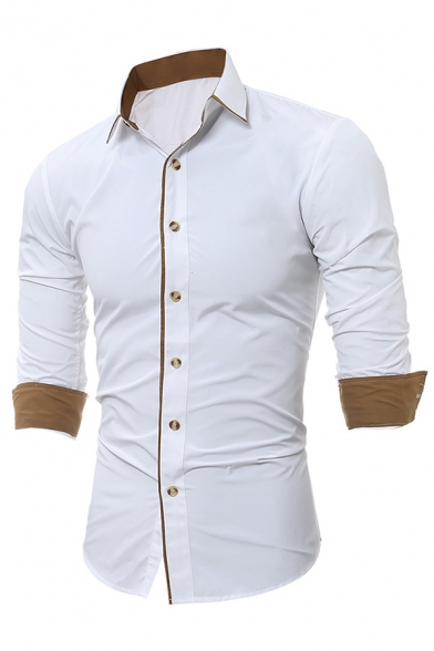 Mens Popular Contrast Trim Long Sleeve Turndown Collar Button Up White Shirt