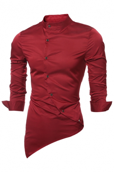 Mens Popular Stand Collar Long Sleeve Inclined Button Closure Plain Asymmetric Silk Shirt
