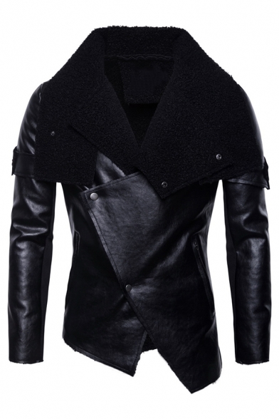 Mens Punk Solid Color Black Faux Fur Lapel Collar Long Sleeve Slim Fit Asymmetric PU Moto Jacket
