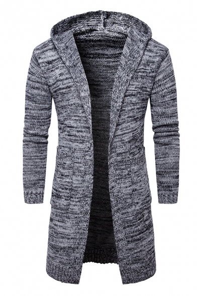 Mens Simple Open Front Long Sleeve Chunky Knit Plain Tunic Hooded Cardigan Coat
