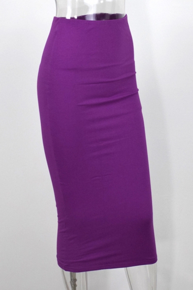 Plain Elegant High Waist Cotton Stretch Mid Tube Skirt for Sexy Women