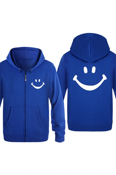 Popular Smile Face Pattern Long Sleeve Zip Up Casual Unisex Hoodie Coat with Pocket