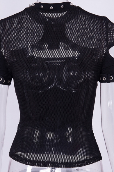 Punk Sexy Gothic Female Short Sleeve Crew Neck Studded Hollow Out Eyelet Buckle Sheer Mesh Slim T-Shirt in Black
