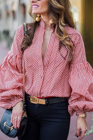 Red Plaid Pattern Balloon Long Sleeve Single Breasted Loose Shirt Blouse for Women