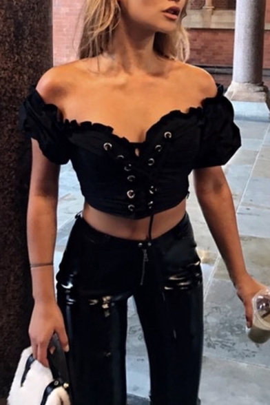 Sexy Black Women's Blouson Sleeve Sweetheart Neck Lace Up Front Ruffle Trim Zip Detail Slim Crop Top for Nightclub