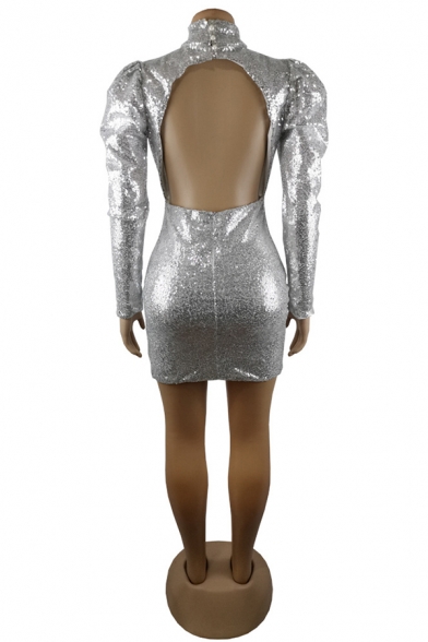 Sexy Plain Glitter Hollow-Out Front Puff Long Sleeve Backless Mini Sequined Bodycon Dress for Party