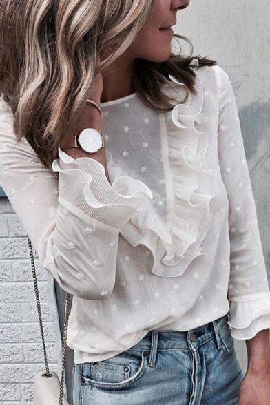 Solid Color Polka Dot Printed White Ruffle Embellished Keyhole Back Trumpet-Sleeve Blouse Top