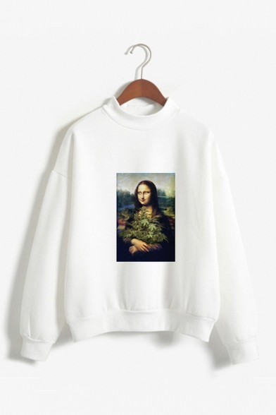 Spoof Famous Oil Painting Mock Neck Long Sleeves Fancy Pullover Sweatshirt