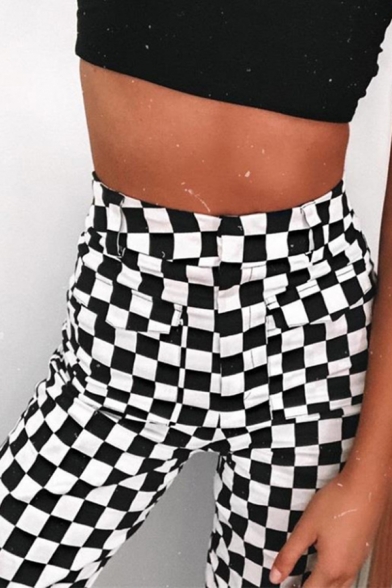 Street Casual Girls' High Waist Checkered Print Chain Embellished Ankle Length Cuffed Tapered Fit Pants in Black