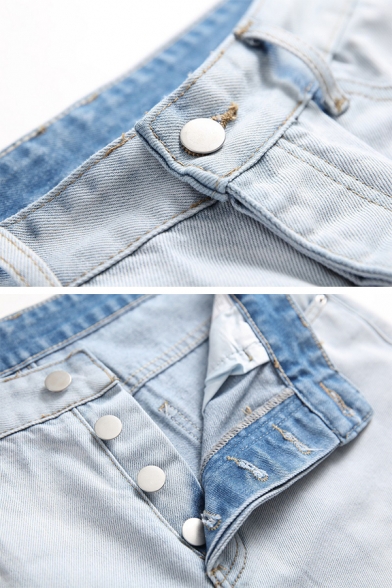 Street Style Creative Button Placket Broken Holes Ripped Light Blue Wash Faded Jeans