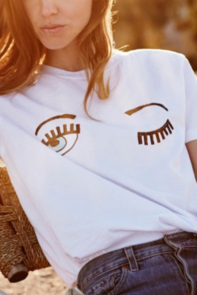 Summer Stylish Cartoon Eye Embroidery White Short Sleeve Oversized T-Shirt for Girls