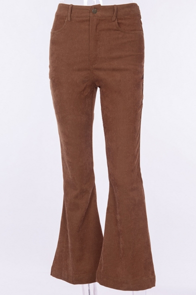 Trendy Ladies' High Waist Corduroy Full Length Plain Slim Fit Flared Pants