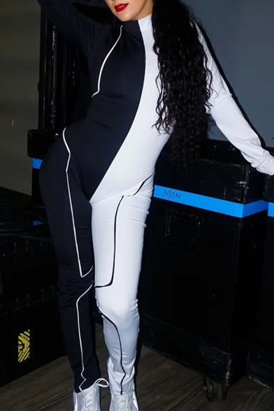 Unique Cool Female Long Sleeve Mock Neck Contrasted Stretchy Zipper Back Long Tight Jumpsuit in White