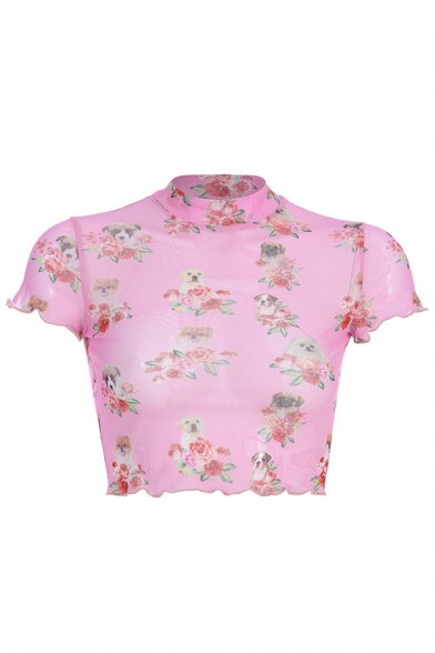 Unique Cute Short Sleeve Mock Neck Puppy Floral Print See-Through Pink Mesh Slim Fit Crop Tee for Ladies